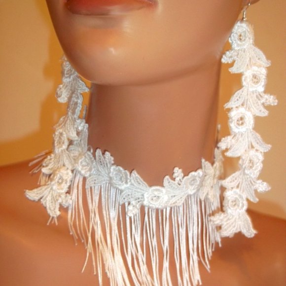 White Jewelry Set, White Lace Choker And Matching Lace Tassel Necklace - Picture 3 of 4